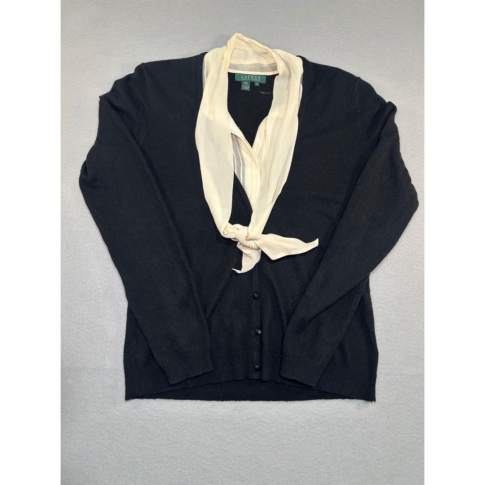 Lauren Ralph Lauren Cardigan Women Medium Black Silk Cashmere Scarf Tie Sweater